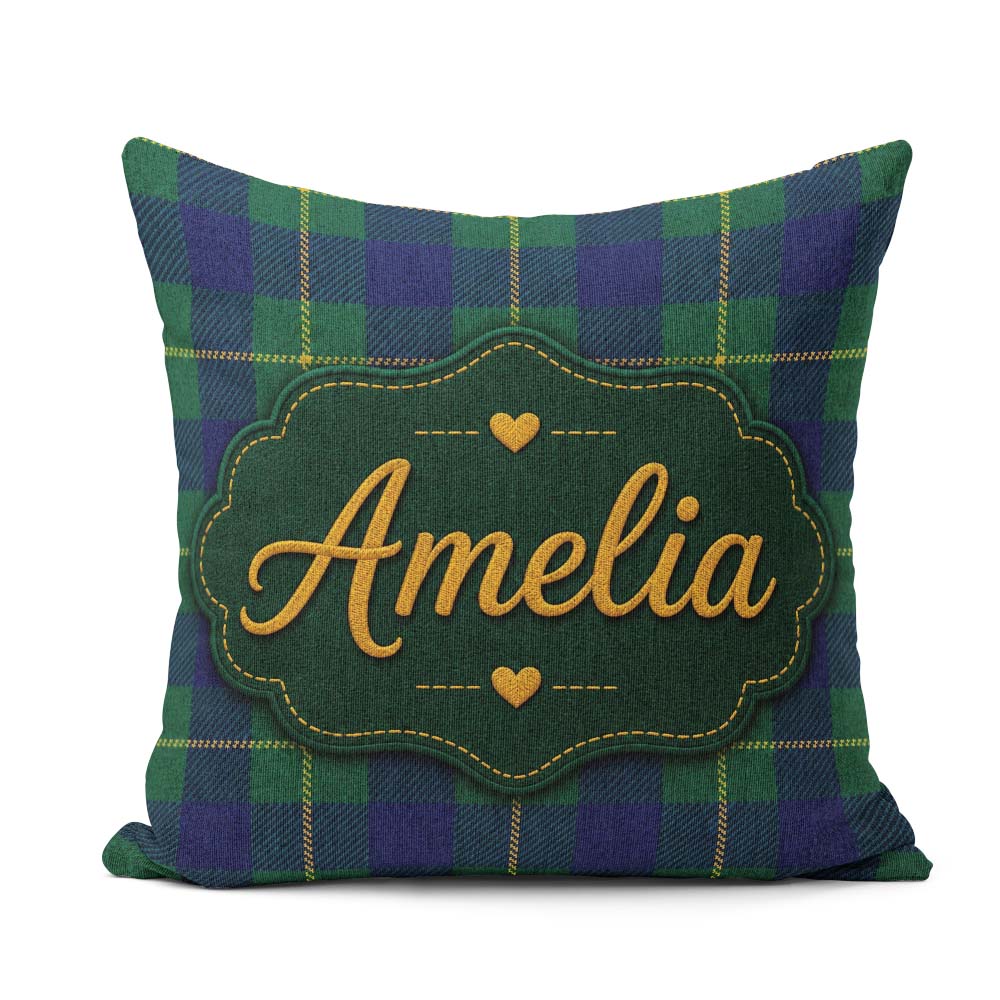 Custom Name Blue Green Gold Tartan Plaid Seamless Pattern Custom Square Filled Cushion Throw Pillow Sofa Bed Home Decor Zip Washable UK Made