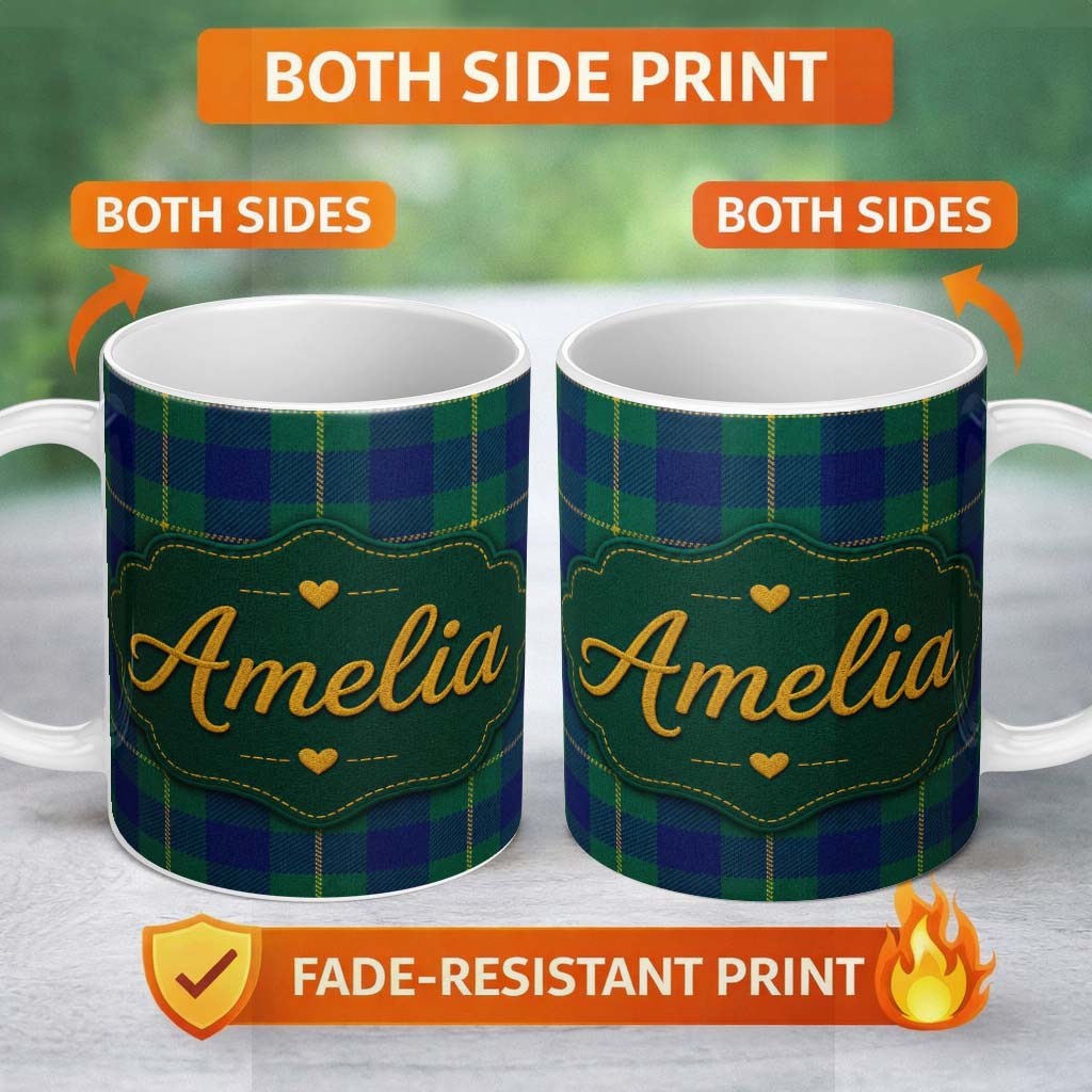 Personalized Custom Name Blue Green Gold Traditional Tartan Plaid Seamless Pattern Custom 11oz Ceramic Coffee Tea Mug White Large Handle