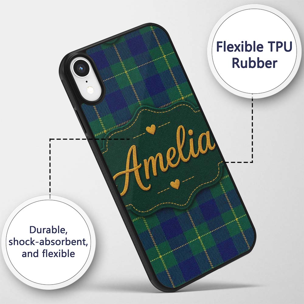 Blue Green Gold Traditional Tartan Plaid Seamless Custom Name Protective Phone Case Mobile Cover Durable Everyday Smartphone Shock Resistant