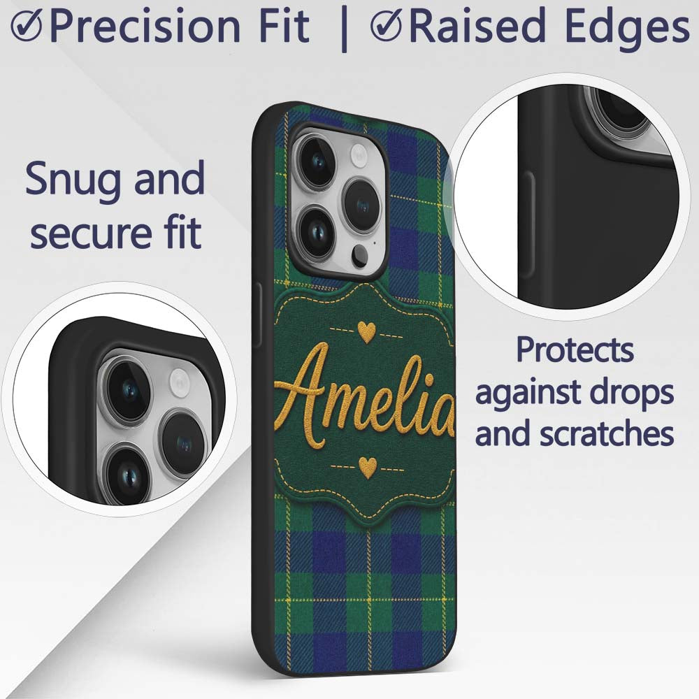 Blue Green Gold Traditional Tartan Plaid Seamless Custom Name Protective Phone Case Mobile Cover Durable Everyday Smartphone Shock Resistant