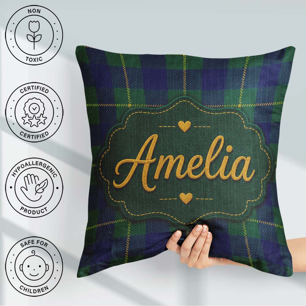 Custom Name Blue Green Gold Tartan Plaid Seamless Pattern Custom Square Filled Cushion Throw Pillow Sofa Bed Home Decor Zip Washable UK Made
