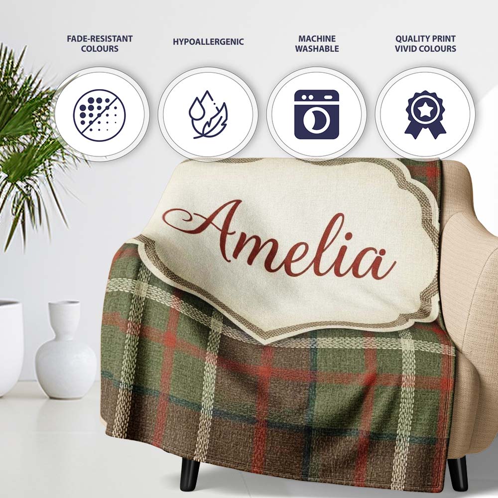 Earth Tone Brown Green Vintage Tartan Plaid Seamless Pattern Name Personalised Custom Name Super Soft Fleece Blanket Bed Sofa Throw
