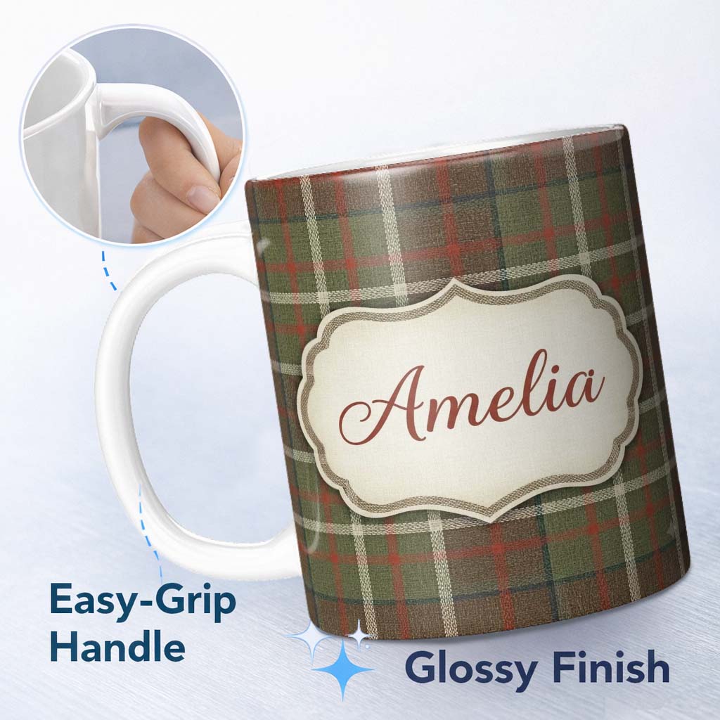 Personalized Custom Name Earth Tone Brown Green Vintage Tartan Plaid Seamless Pattern Name 11oz Ceramic Coffee Tea Mug White Large Handle