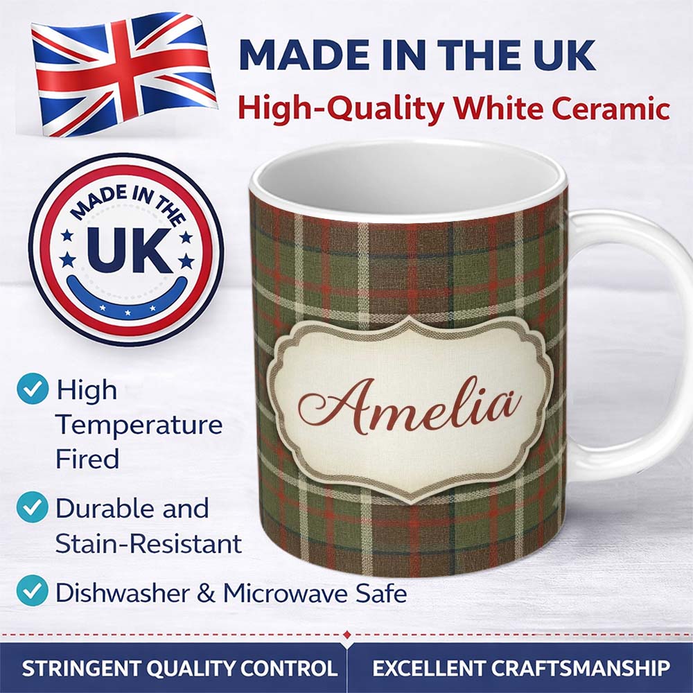 Personalized Custom Name Earth Tone Brown Green Vintage Tartan Plaid Seamless Pattern Name 11oz Ceramic Coffee Tea Mug White Large Handle