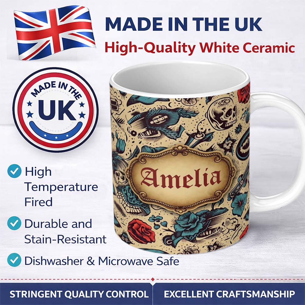Personalized Custom Name Vintage Tattoo Skulls Birds Roses Seamless Pattern Name Cute Unique 11oz Ceramic Coffee Tea Mug White Large Handle