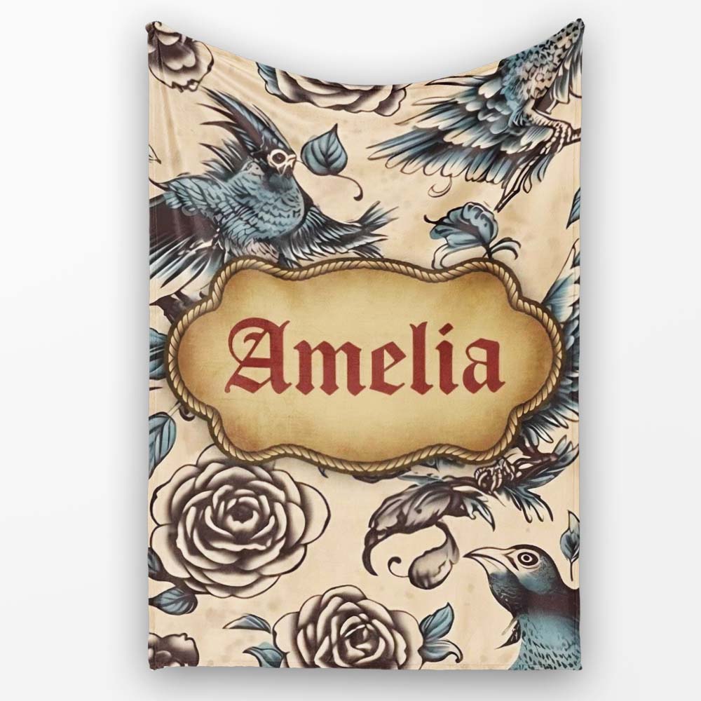 Elegant Birds Roses Vintage Art Seamless Pattern Name Cute Unique Personalised Custom Name Super Soft Fleece Blanket Bed Sofa Throw