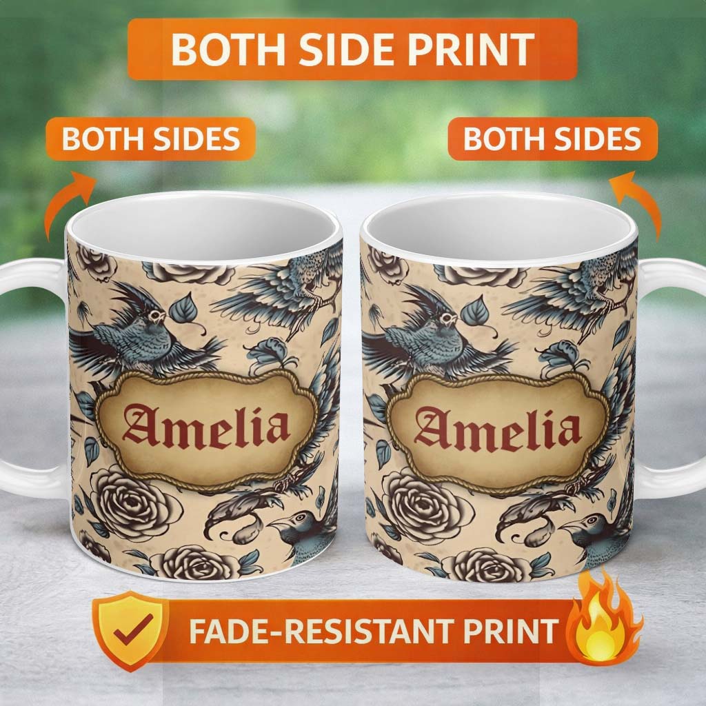 Personalized Custom Name Elegant Birds Roses Vintage Art Seamless Pattern Name Cute Unique 11oz Ceramic Coffee Tea Mug White Large Handle