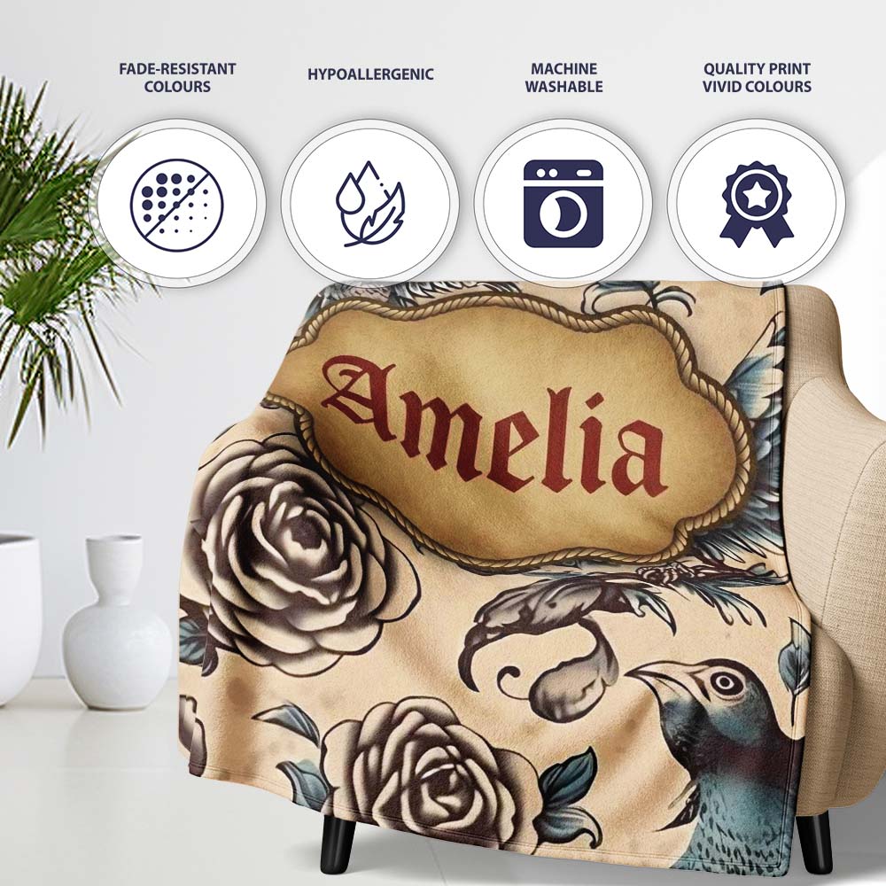 Elegant Birds Roses Vintage Art Seamless Pattern Name Cute Unique Personalised Custom Name Super Soft Fleece Blanket Bed Sofa Throw