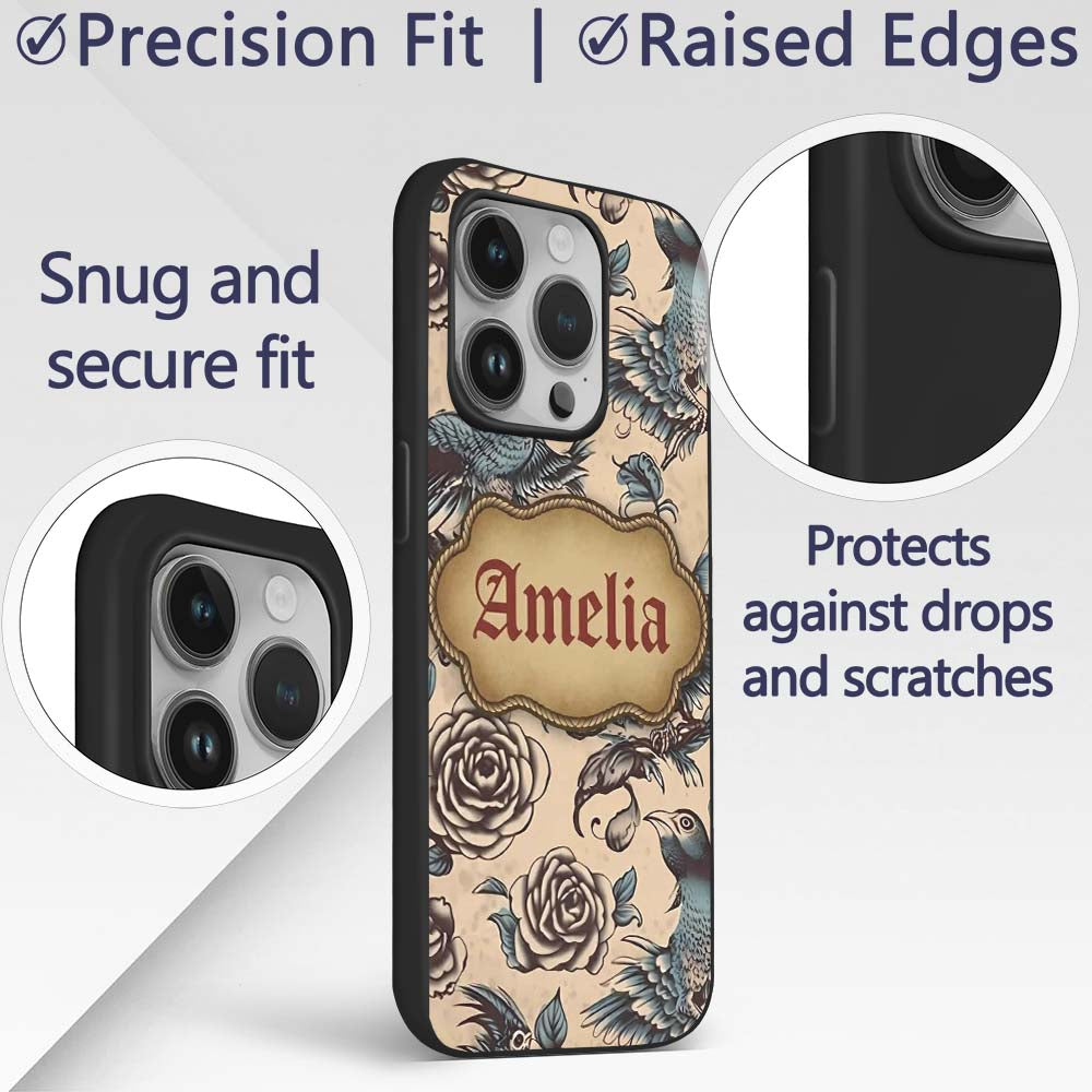 Elegant Birds Roses Vintage Art Seamless Pattern Custom Name Protective Phone Case Mobile Cover Durable Everyday Smartphone Shock Resistant