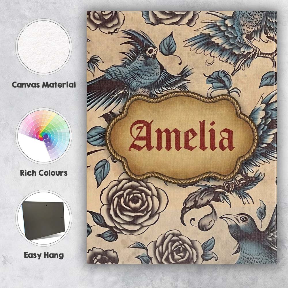 Personalised Name Elegant Birds Roses Custom Modern Room Accent Creative Decorator Style Canvas Wall Art Print Decor Picture Ready to Hang