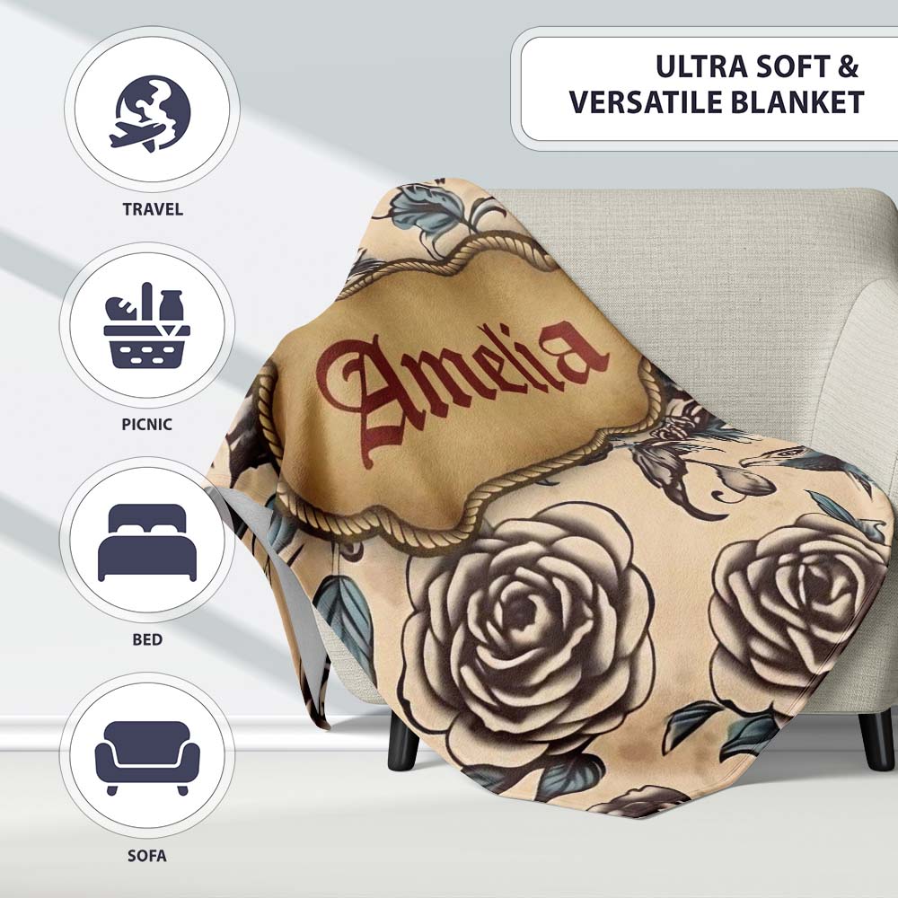 Elegant Birds Roses Vintage Art Seamless Pattern Name Cute Unique Personalised Custom Name Super Soft Fleece Blanket Bed Sofa Throw