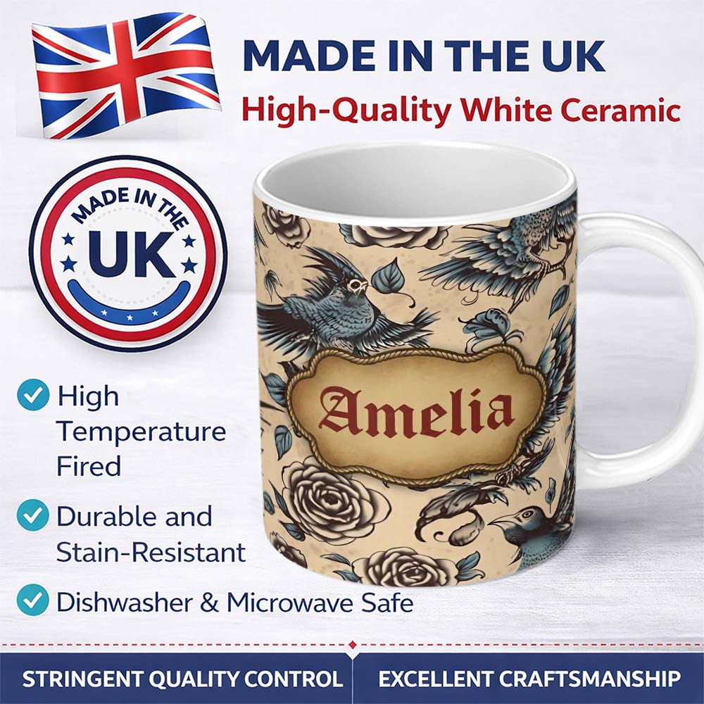 Personalized Custom Name Elegant Birds Roses Vintage Art Seamless Pattern Name Cute Unique 11oz Ceramic Coffee Tea Mug White Large Handle