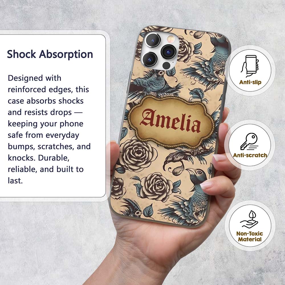 Elegant Birds Roses Vintage Art Seamless Pattern Custom Name Protective Phone Case Mobile Cover Durable Everyday Smartphone Shock Resistant