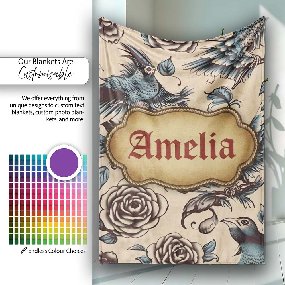 Elegant Birds Roses Vintage Art Seamless Pattern Name Cute Unique Personalised Custom Name Super Soft Fleece Blanket Bed Sofa Throw