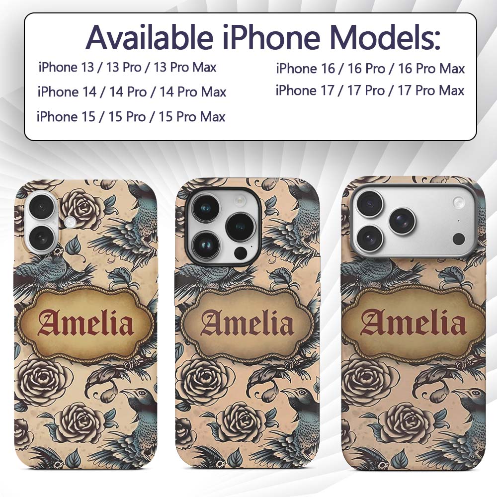 Elegant Birds Roses Vintage Art Seamless Pattern Custom Name Protective Phone Case Mobile Cover Durable Everyday Smartphone Shock Resistant