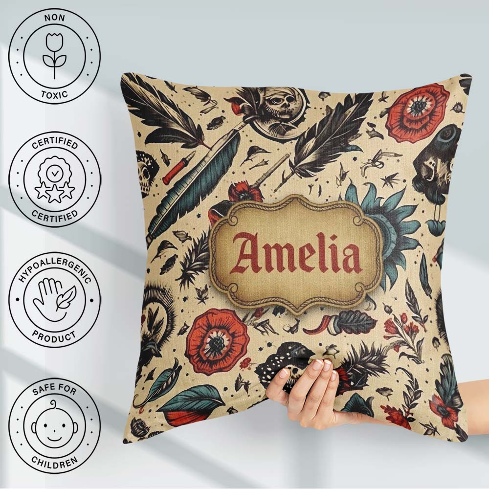 Custom Name Tattoo Style Skulls Flowers Knives Pattern Name Cute Square Filled Cushion Throw Pillow Sofa Bed Home Decor Zip Washable UK Made