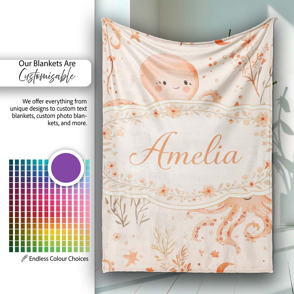 Kawaii Octopus Ocean Seamless Pattern Perfect Gift for Her Lovely Personalised Custom Name Super Soft Fleece Blanket Bed Sofa Throw
