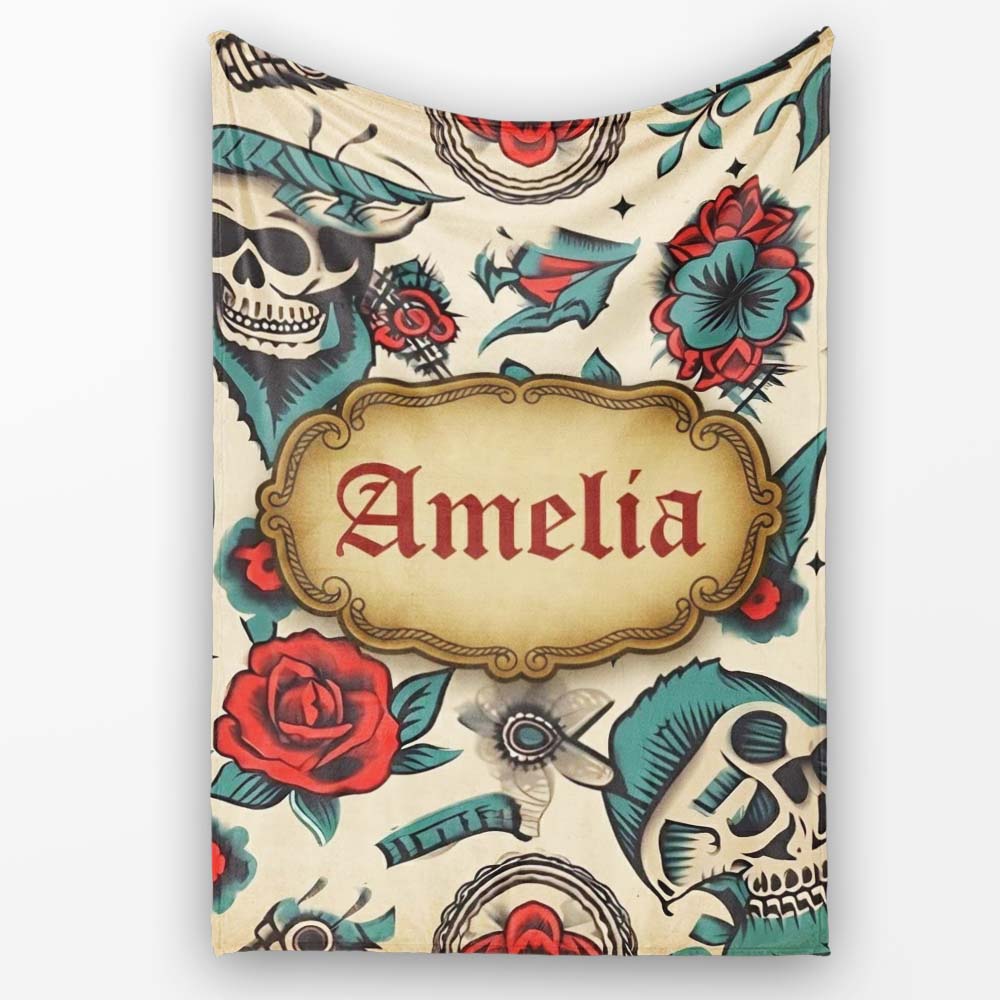 Bold Skull Roses Tattoo Art Seamless Pattern Name Cute Unique Gift Personalised Custom Name Super Soft Fleece Blanket Bed Sofa Throw