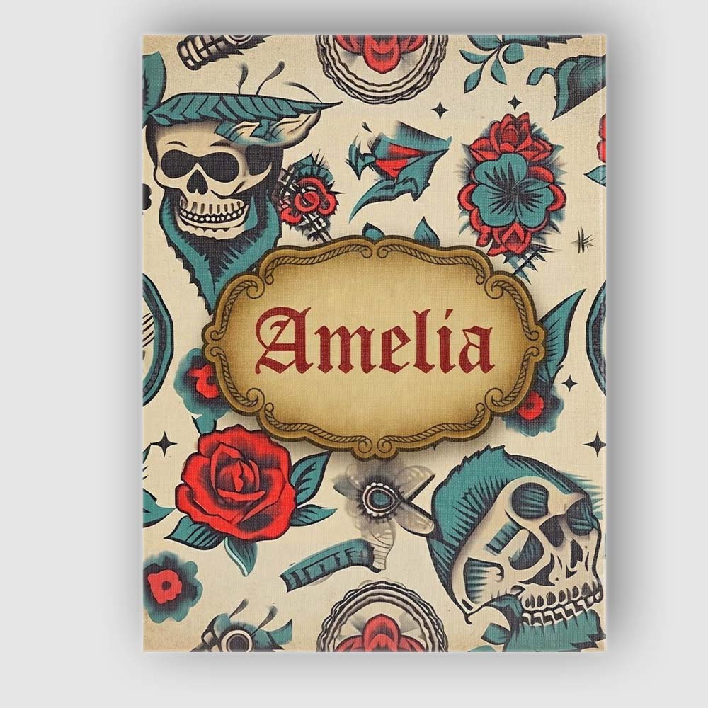Personalised Name Bold Skull Roses Tattoo Custom Unique Gift Idea Elegant Feature Canvas Wall Art Print Decor Picture Ready to Hang