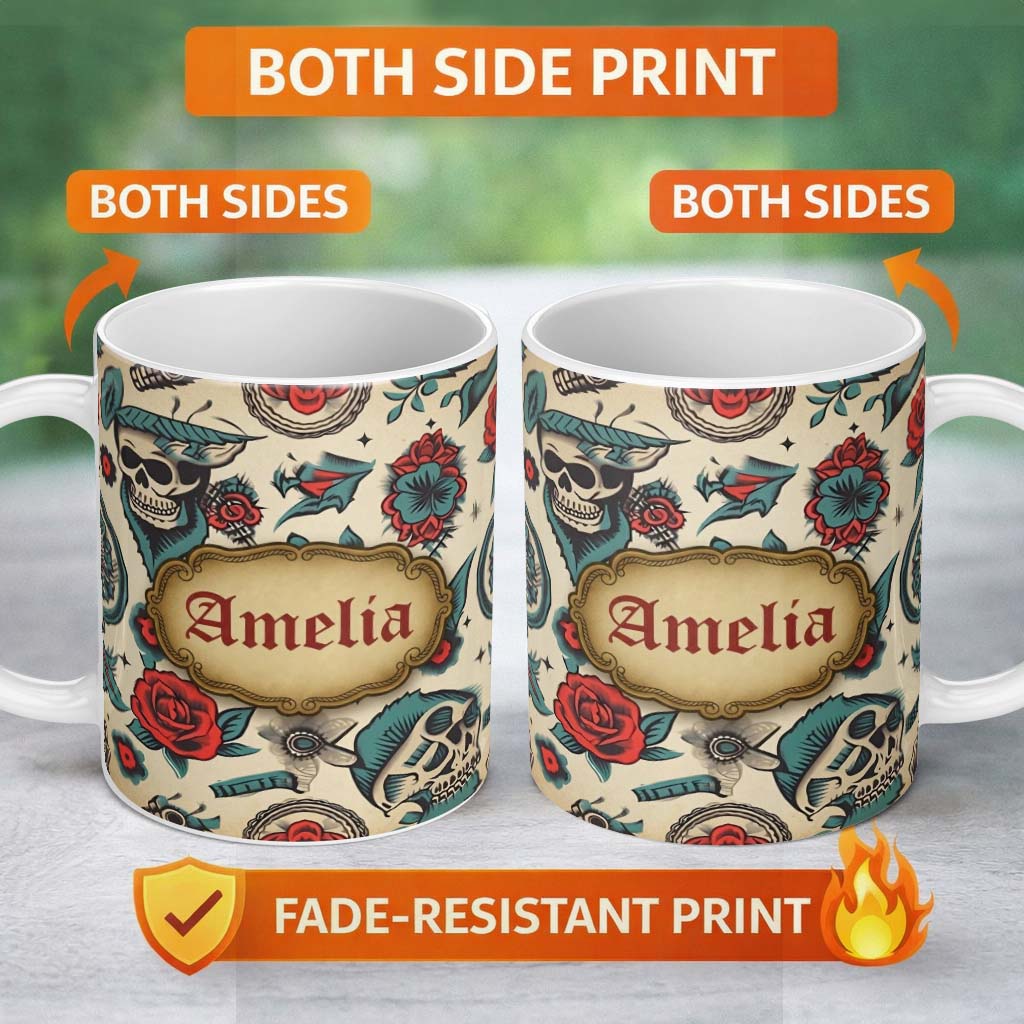 Personalized Custom Name Bold Skull Roses Tattoo Art Seamless Pattern Name Cute Unique Gift 11oz Ceramic Coffee Tea Mug White Large Handle