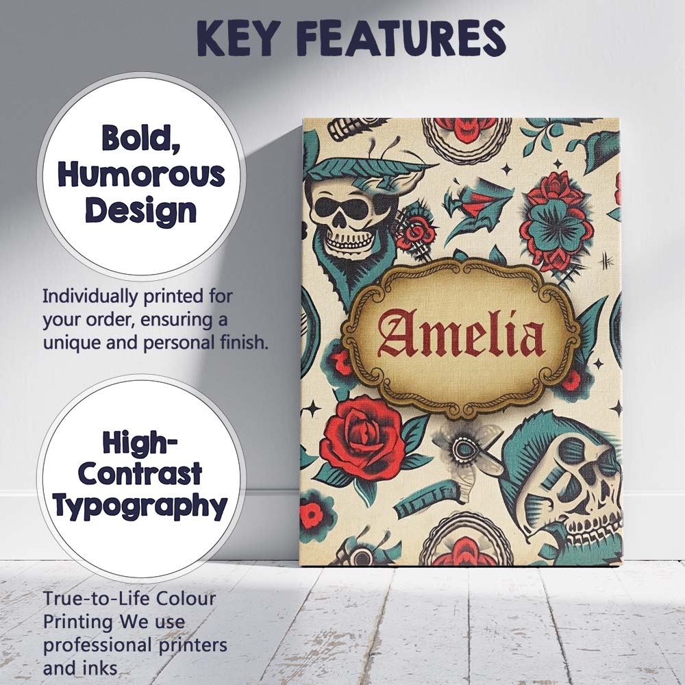 Personalised Name Bold Skull Roses Tattoo Custom Unique Gift Idea Elegant Feature Canvas Wall Art Print Decor Picture Ready to Hang
