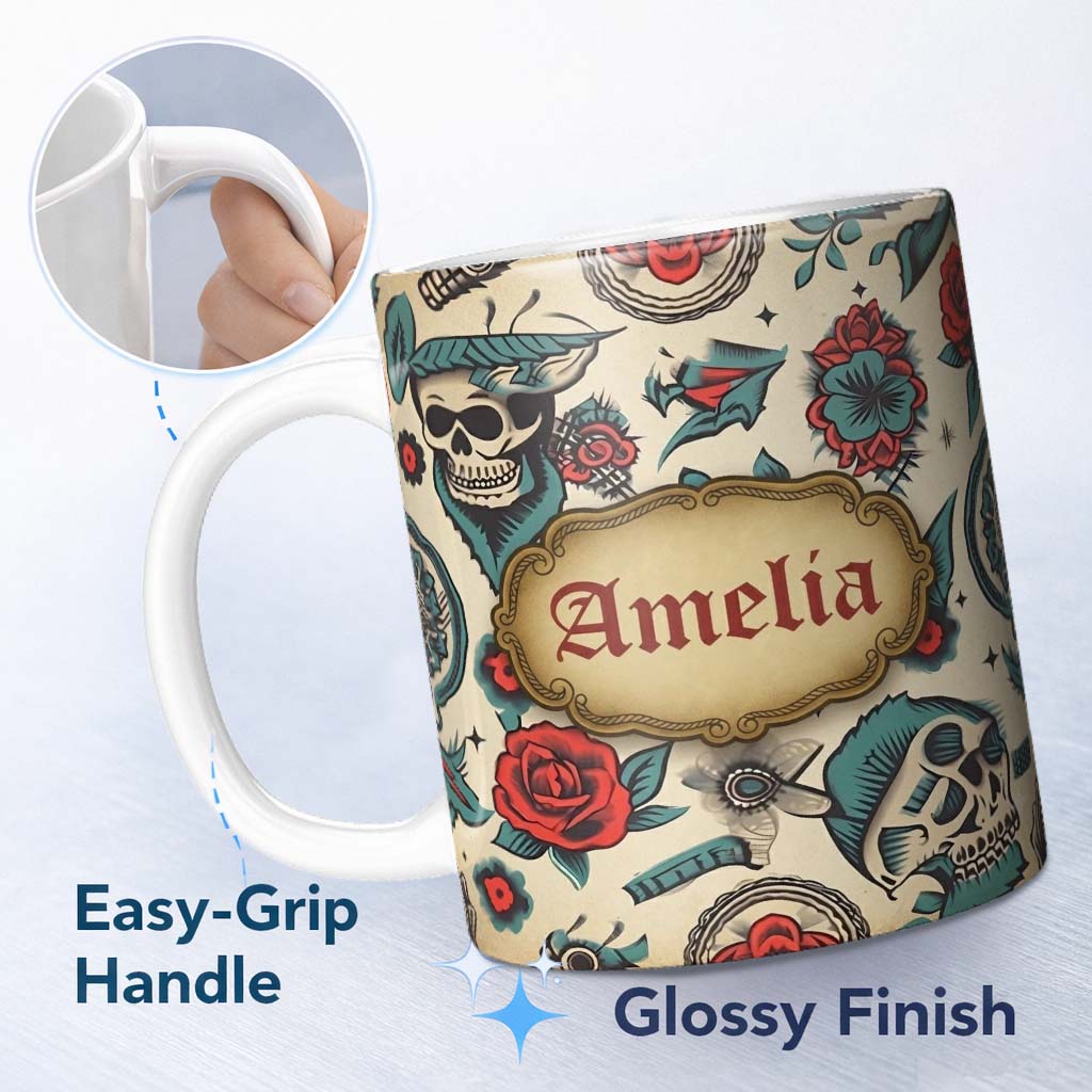 Personalized Custom Name Bold Skull Roses Tattoo Art Seamless Pattern Name Cute Unique Gift 11oz Ceramic Coffee Tea Mug White Large Handle