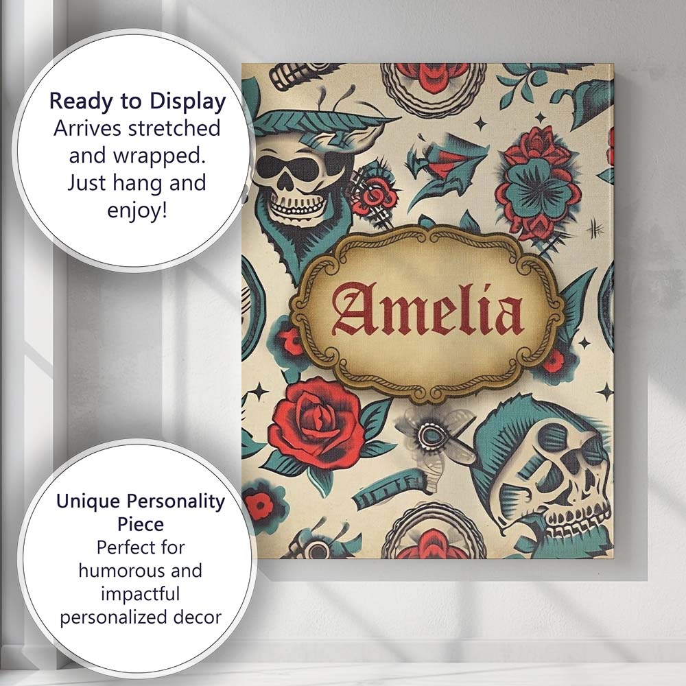 Personalised Name Bold Skull Roses Tattoo Custom Unique Gift Idea Elegant Feature Canvas Wall Art Print Decor Picture Ready to Hang