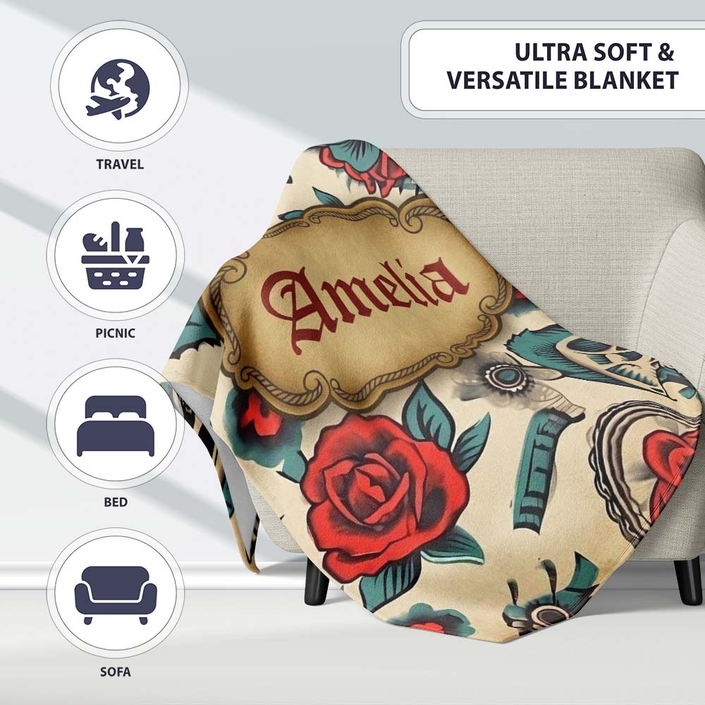 Bold Skull Roses Tattoo Art Seamless Pattern Name Cute Unique Gift Personalised Custom Name Super Soft Fleece Blanket Bed Sofa Throw