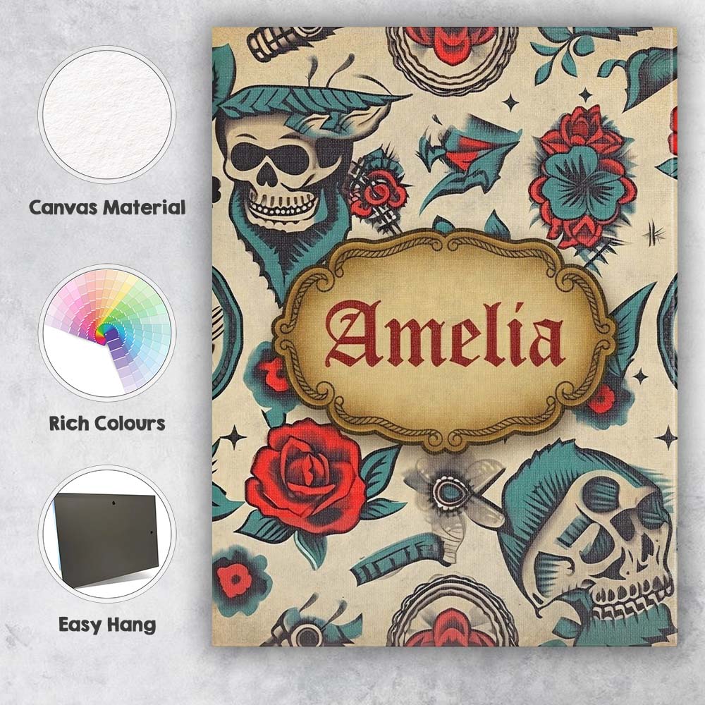 Personalised Name Bold Skull Roses Tattoo Custom Unique Gift Idea Elegant Feature Canvas Wall Art Print Decor Picture Ready to Hang