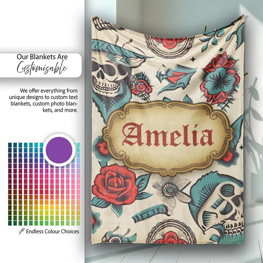Bold Skull Roses Tattoo Art Seamless Pattern Name Cute Unique Gift Personalised Custom Name Super Soft Fleece Blanket Bed Sofa Throw