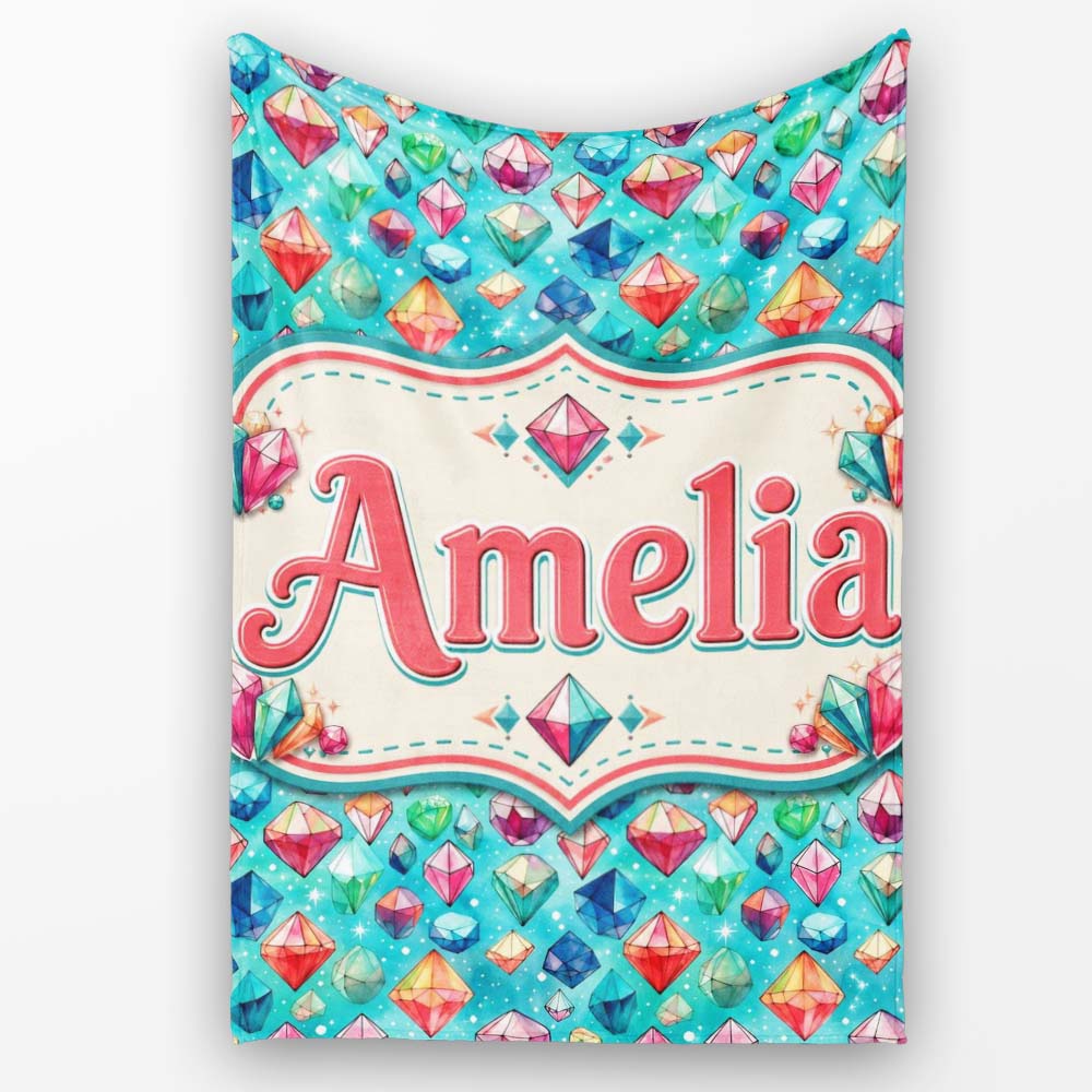 Colorful Gem Crystal Diamond Seamless Pattern on Teal Background Personalised Custom Name Super Soft Fleece Blanket Bed Sofa Throw