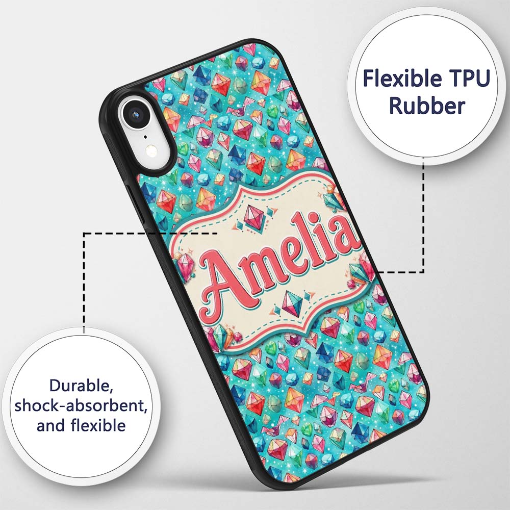 Colorful Gem Crystal Diamond Seamless Pattern on Custom Name Protective Phone Case Mobile Cover Durable Everyday Smartphone Shock Resistant