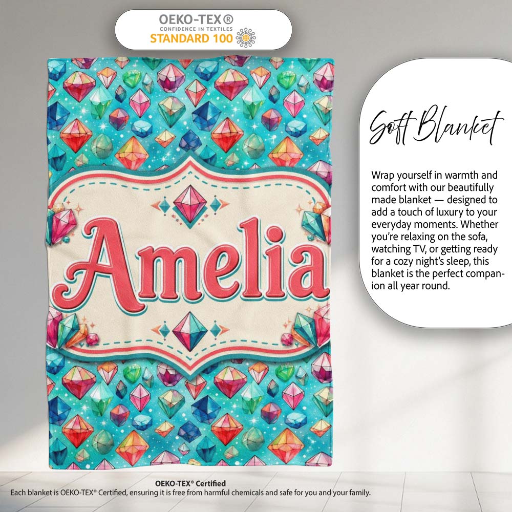 Colorful Gem Crystal Diamond Seamless Pattern on Teal Background Personalised Custom Name Super Soft Fleece Blanket Bed Sofa Throw