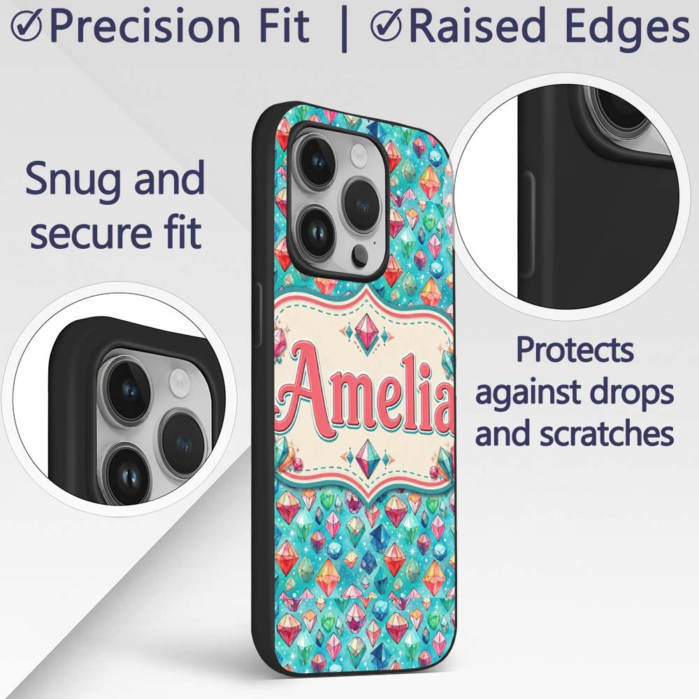 Colorful Gem Crystal Diamond Seamless Pattern on Custom Name Protective Phone Case Mobile Cover Durable Everyday Smartphone Shock Resistant