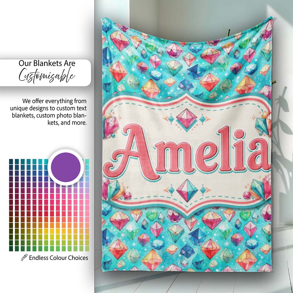 Colorful Gem Crystal Diamond Seamless Pattern on Teal Background Personalised Custom Name Super Soft Fleece Blanket Bed Sofa Throw