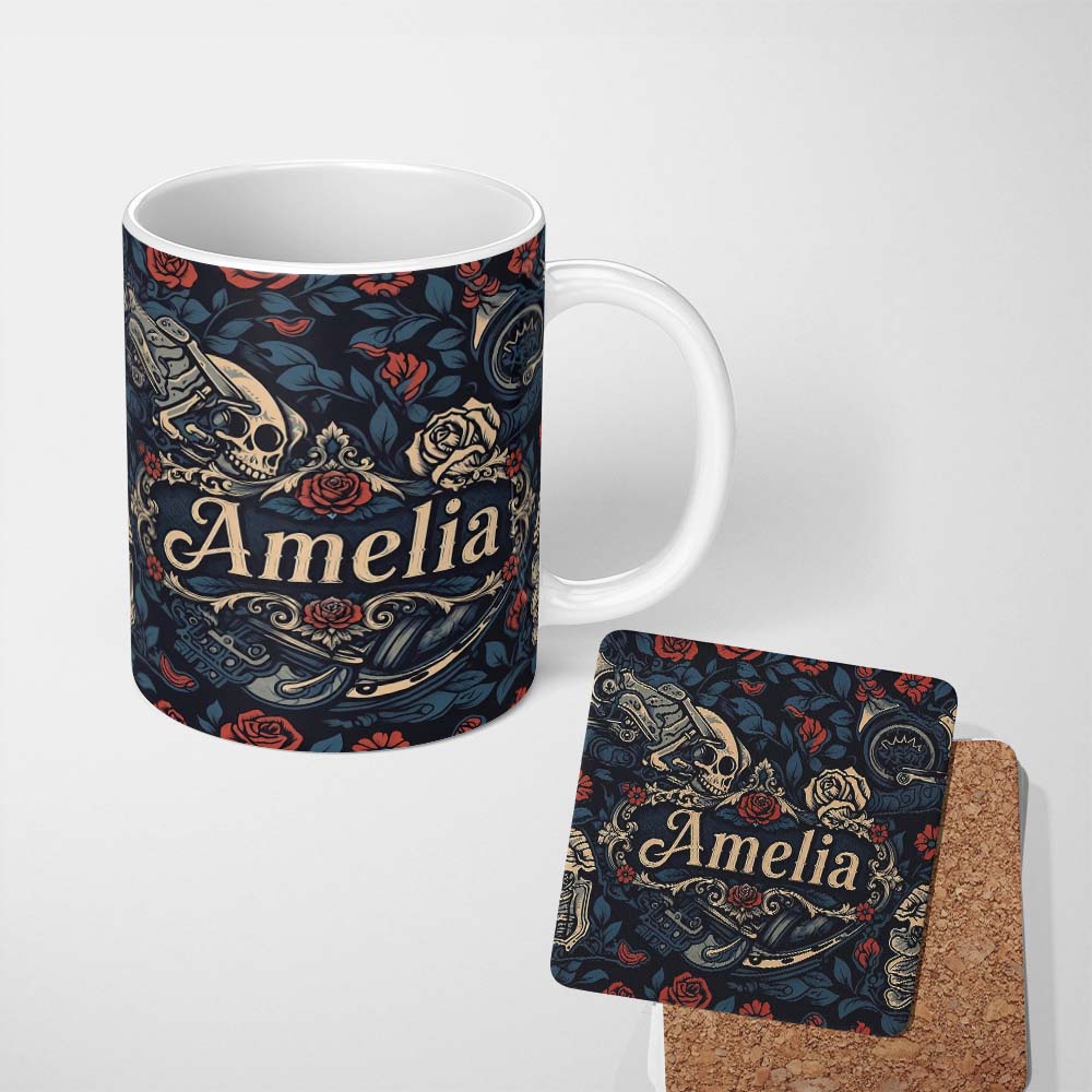 Personalized Custom Name Dark Gothic Skull Knife Roses Seamless Pattern Name Cute Unique Gift 11oz Ceramic Coffee Tea Mug White Large Handle