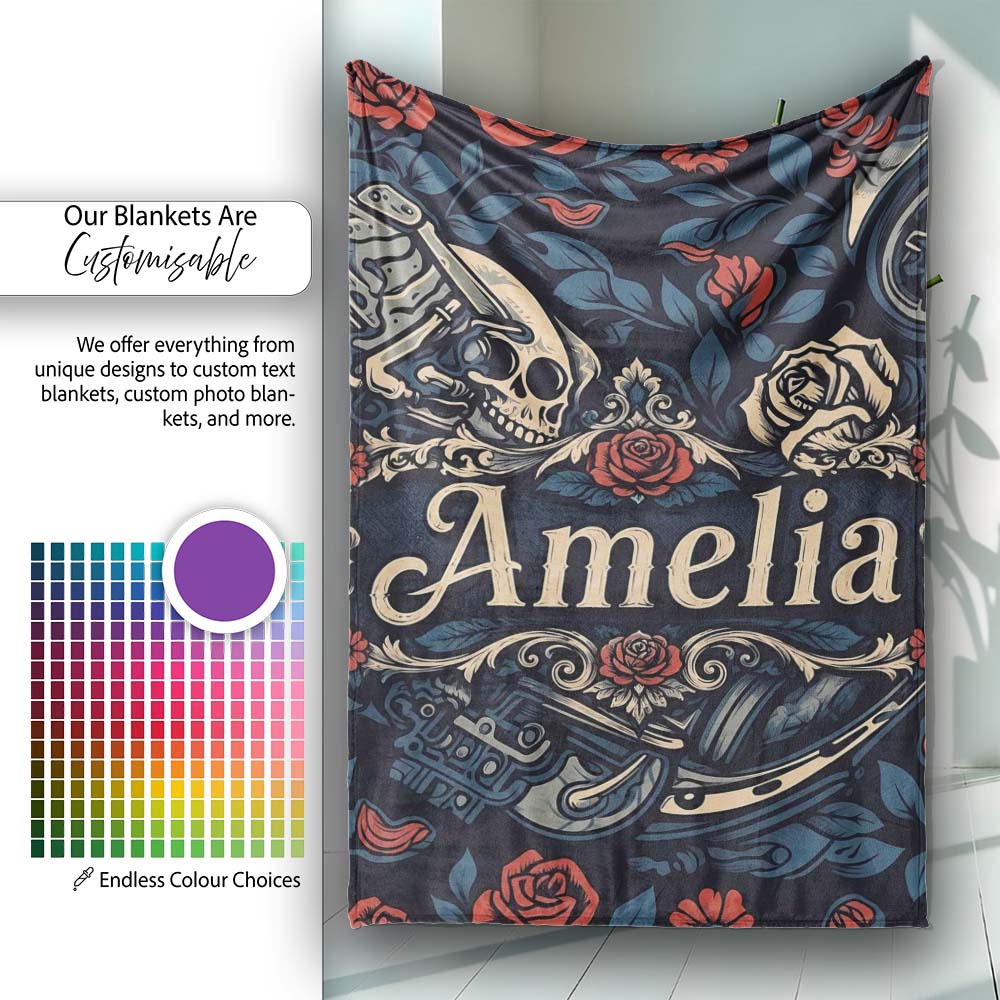 Dark Gothic Skull Knife Roses Seamless Pattern Name Cute Unique Gift Personalised Custom Name Super Soft Fleece Blanket Bed Sofa Throw