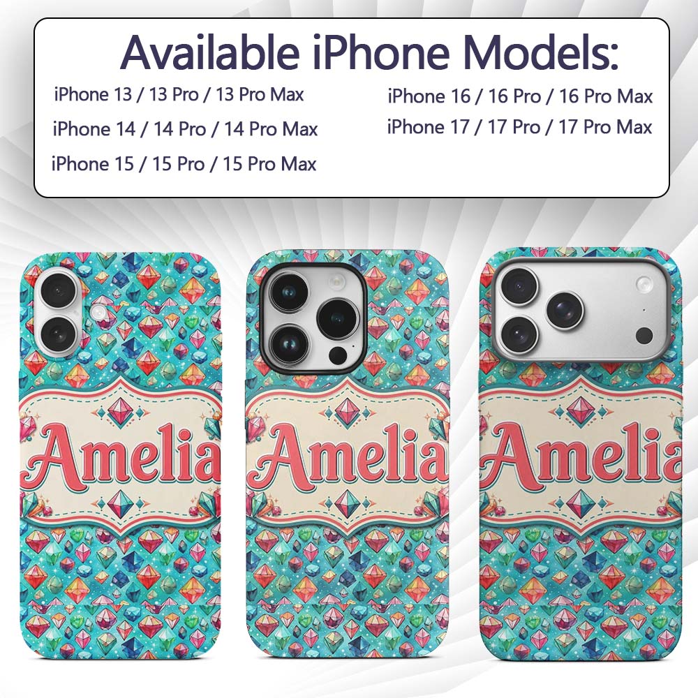Colorful Gem Crystal Diamond Seamless Pattern on Custom Name Protective Phone Case Mobile Cover Durable Everyday Smartphone Shock Resistant