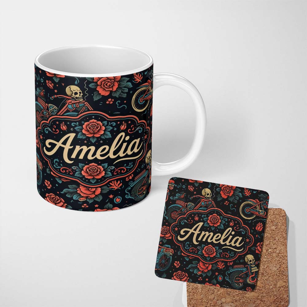 Personalized Custom Name Skeleton Biker Roses Vintage Tattoo Seamless Pattern Name Cute 11oz Ceramic Coffee Tea Mug White Large Handle