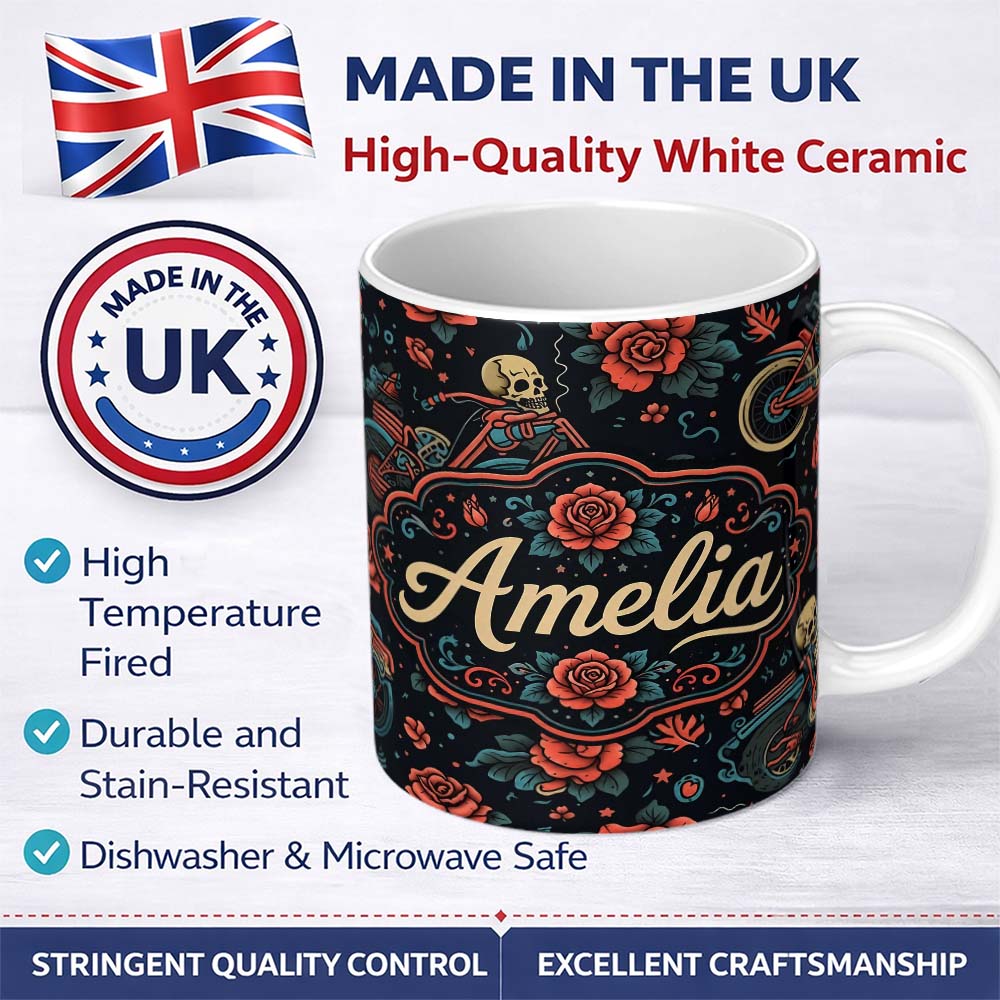Personalized Custom Name Skeleton Biker Roses Vintage Tattoo Seamless Pattern Name Cute 11oz Ceramic Coffee Tea Mug White Large Handle