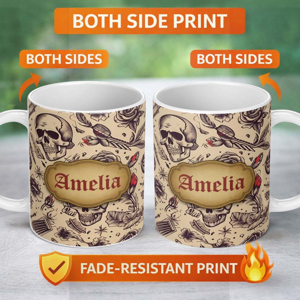 Personalized Custom Name Vintage Skull Roses Feather Tattoo Seamless Pattern Name Cute 11oz Ceramic Coffee Tea Mug White Large Handle