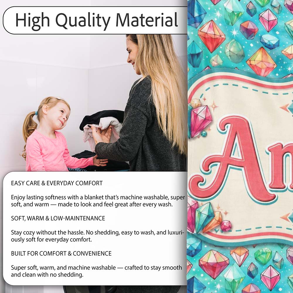 Colorful Gem Crystal Diamond Seamless Pattern on Teal Background Personalised Custom Name Super Soft Fleece Blanket Bed Sofa Throw
