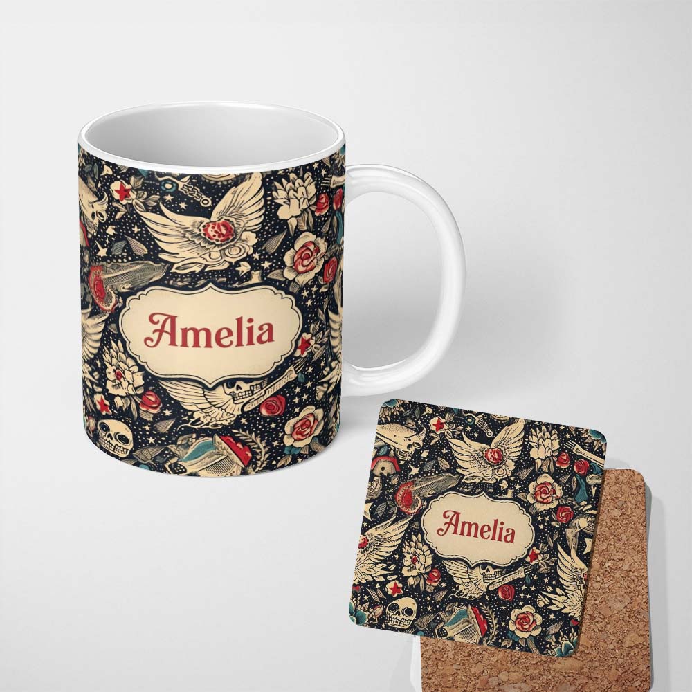 Personalized Custom Name Mystic Skull Wings Stars Floral Seamless Pattern Name Cute Unique 11oz Ceramic Coffee Tea Mug White Large Handle