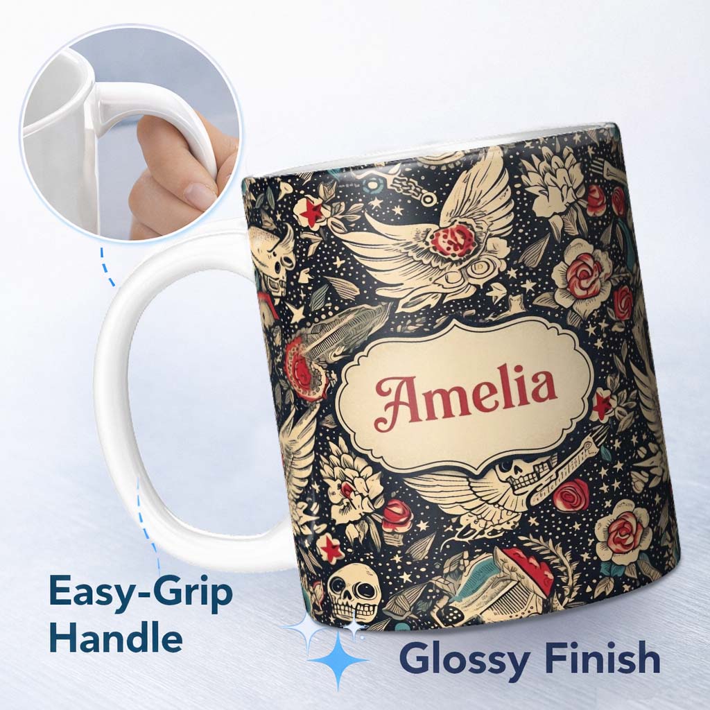 Personalized Custom Name Mystic Skull Wings Stars Floral Seamless Pattern Name Cute Unique 11oz Ceramic Coffee Tea Mug White Large Handle
