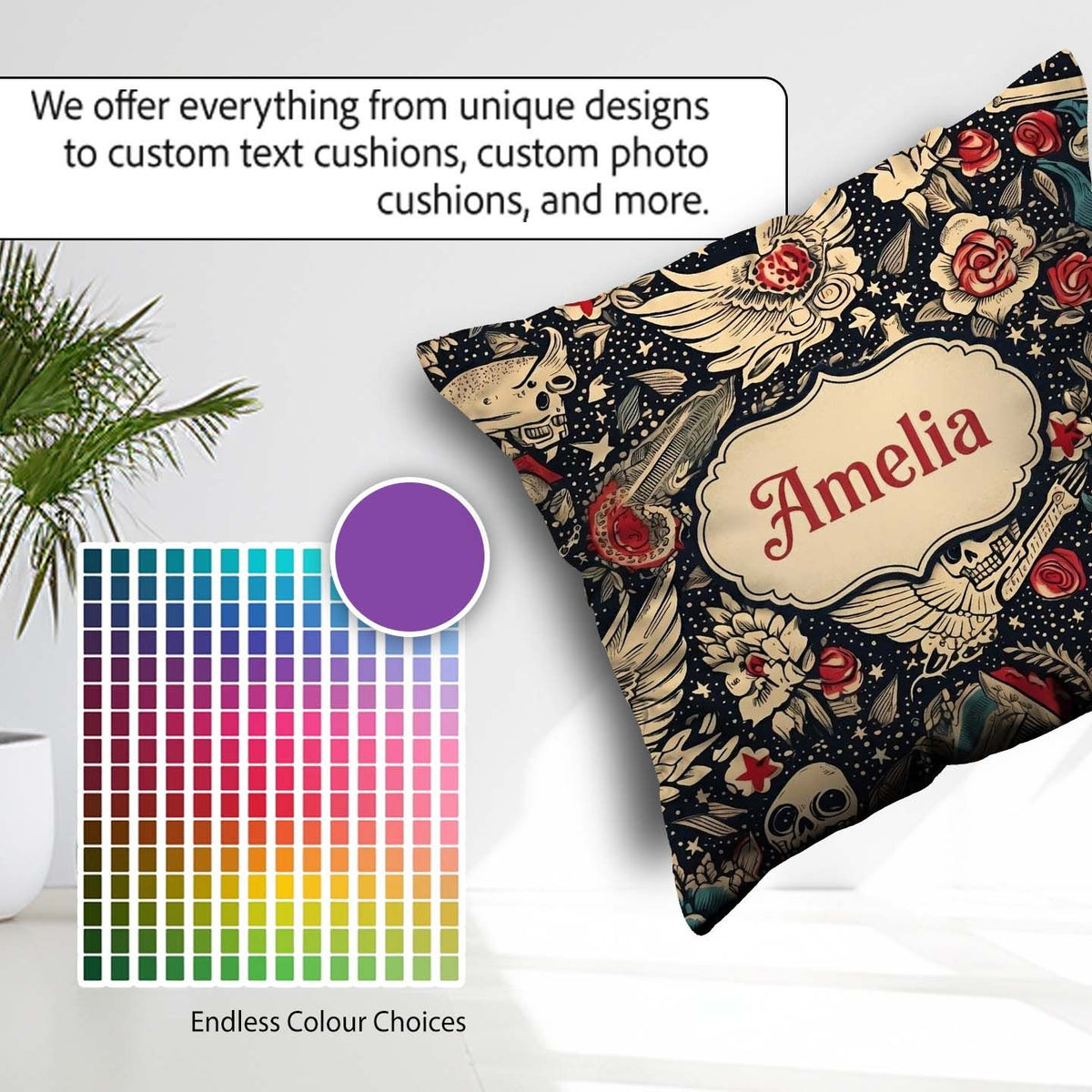 Custom Name Mystic Skull Wings Floral Seamless Pattern Name Cute Square Filled Cushion Throw Pillow Sofa Bed Home Decor Zip Washable UK Made
