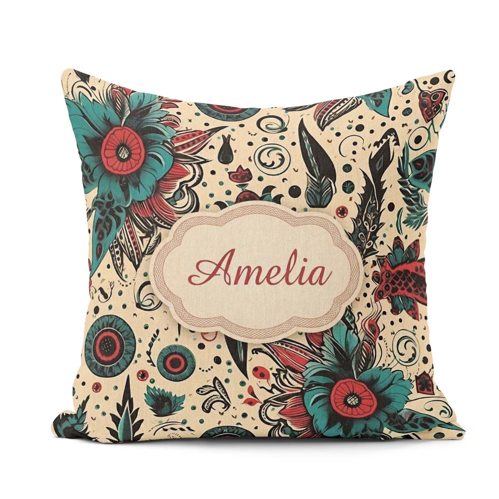 Custom Name Abstract Floral Folk Art Seamless Pattern Name Cute Square Filled Cushion Throw Pillow Sofa Bed Home Decor Zip Washable UK Made