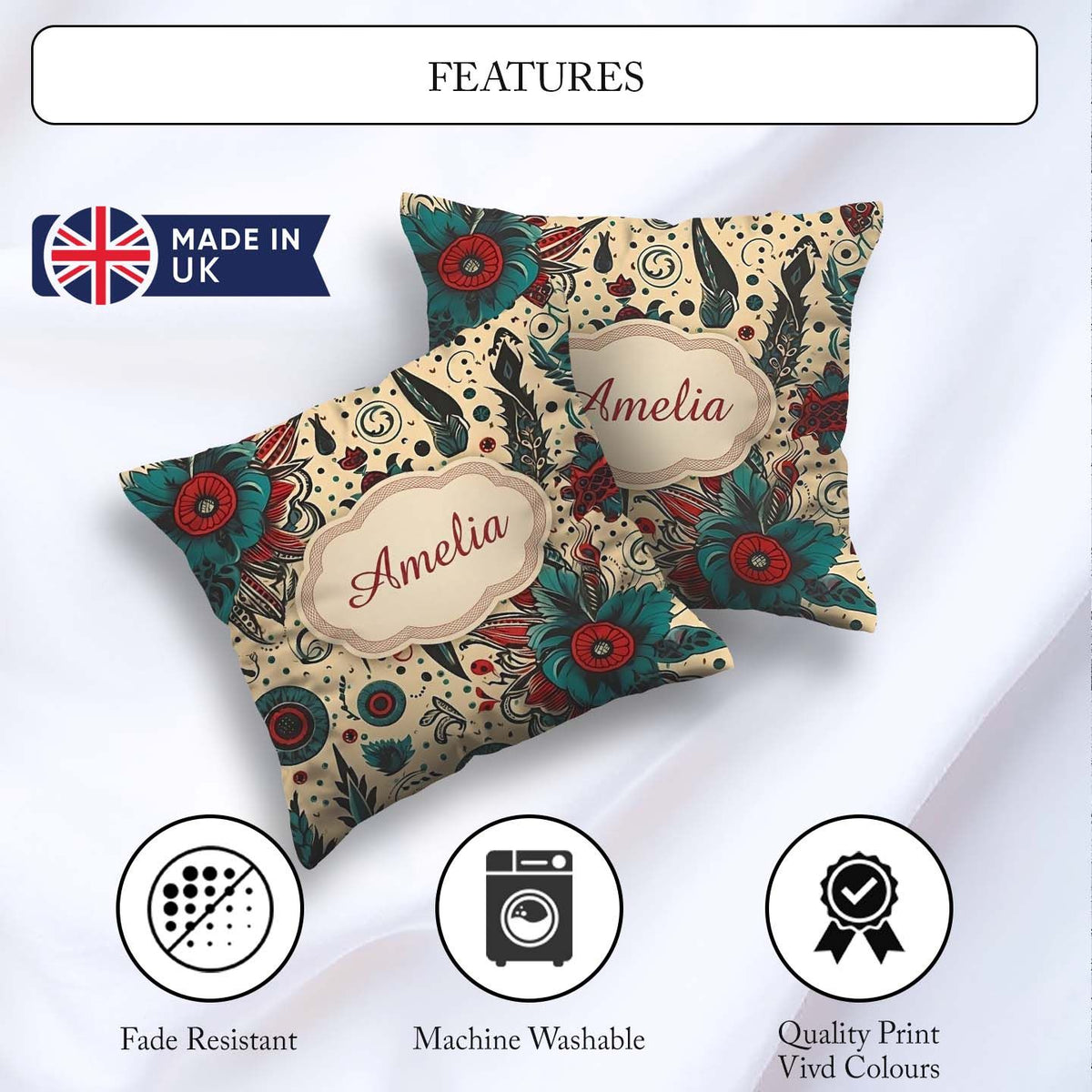 Custom Name Abstract Floral Folk Art Seamless Pattern Name Cute Square Filled Cushion Throw Pillow Sofa Bed Home Decor Zip Washable UK Made