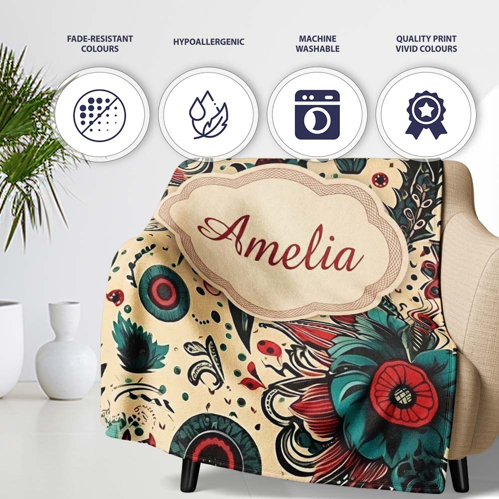 Abstract Floral Folk Art Tattoo Seamless Pattern Name Cute Unique Personalised Custom Name Super Soft Fleece Blanket Bed Sofa Throw