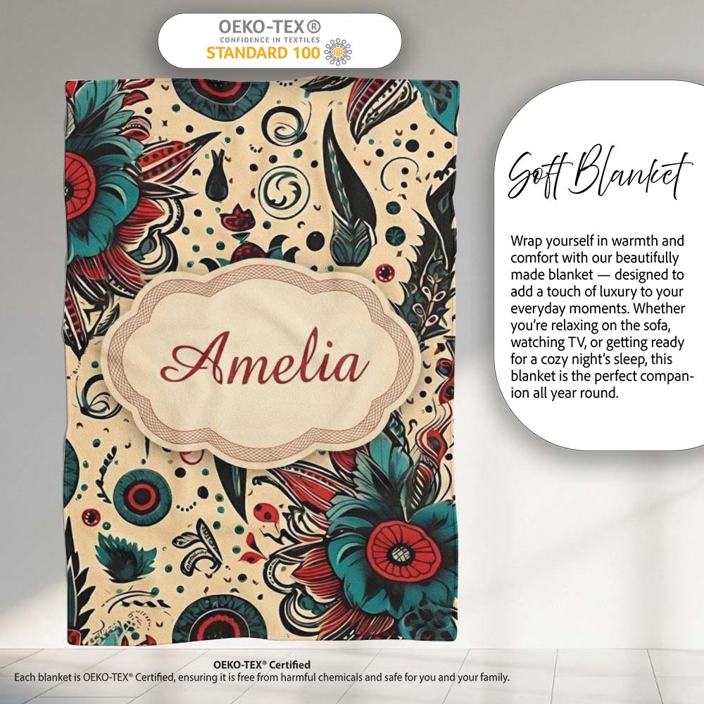 Abstract Floral Folk Art Tattoo Seamless Pattern Name Cute Unique Personalised Custom Name Super Soft Fleece Blanket Bed Sofa Throw