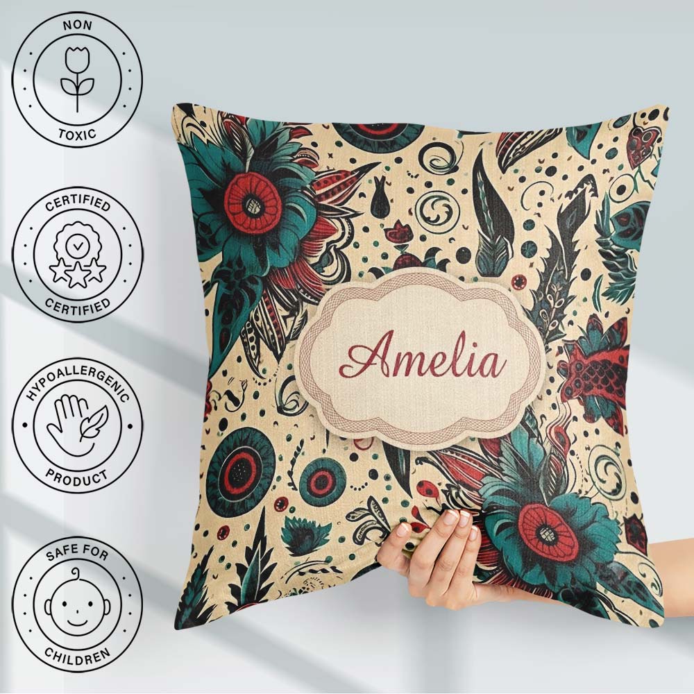 Custom Name Abstract Floral Folk Art Seamless Pattern Name Cute Square Filled Cushion Throw Pillow Sofa Bed Home Decor Zip Washable UK Made